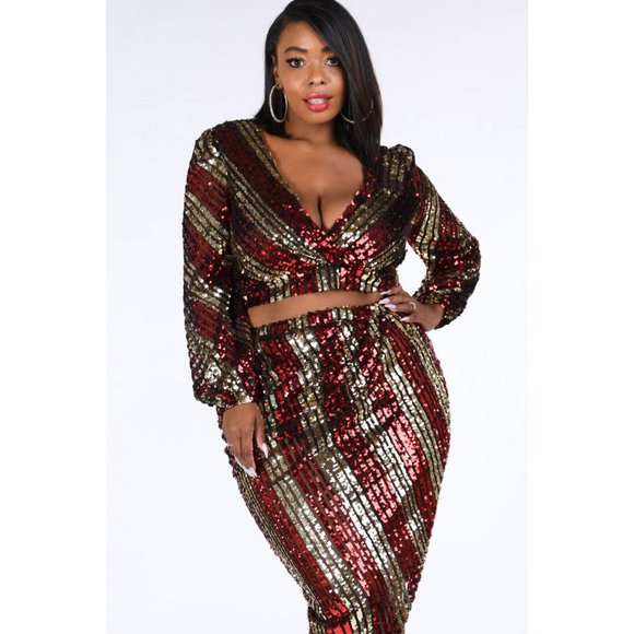 Women's Deep V-Neck Multicolor Casual Long Sleeve Stripe Sequin Two-Piece Sets - Picture 2 of 10